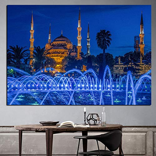 XIXPXCB Canvas Painting Islámico Azul Turquía Estambul Sultan Ahmed Mezquita Cartel religioso Pintura Arte de la Pared para la Sala de Estar Decoración de la casa (sin Marco)