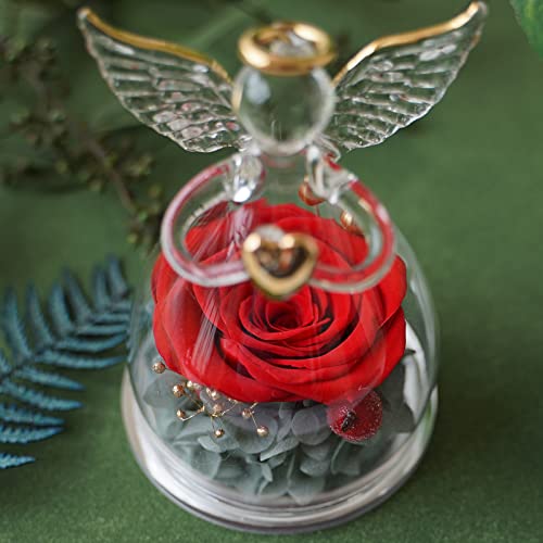 Yamonic Rosa Eterna con Ángel, Regalo Abuela, Flores Eternas con Figura Ángel,Regalos para Mama, Regalo Cumpleaños Mujer, Rosa Verdadera con Ángel, San Valentin Regalos Mujer,Rojo
