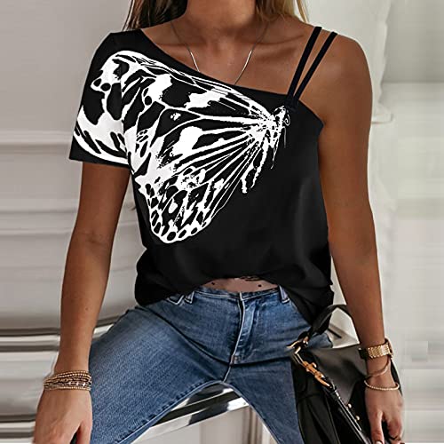 YANFANG Blusa Manga Corta Mujer Elegante Verano,Top De Camiseta con Hombros Descubiertos Y Estampado Mariposas para Mujer,Blusa Holgada Mariposa Un Hombro Informal Mujer,Blusas Crepe,Negro,L