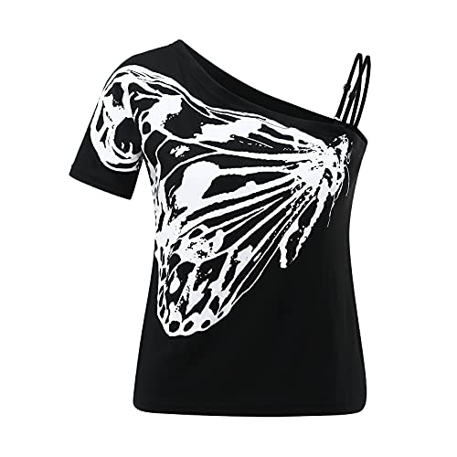 YANFANG Blusa Manga Corta Mujer Elegante Verano,Top De Camiseta con Hombros Descubiertos Y Estampado Mariposas para Mujer,Blusa Holgada Mariposa Un Hombro Informal Mujer,Blusas Crepe,Negro,L