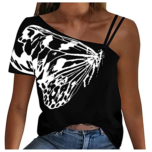 YANFANG Blusa Manga Corta Mujer Elegante Verano,Top De Camiseta con Hombros Descubiertos Y Estampado Mariposas para Mujer,Blusa Holgada Mariposa Un Hombro Informal Mujer,Blusas Crepe,Negro,L