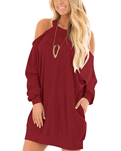 YOINS Vestido Mujeres Hombro Frío Elegante Moda Camisetas Manga Larga Cuello Redondo Túnica Tops Color Sólido Suéter Rojo XL