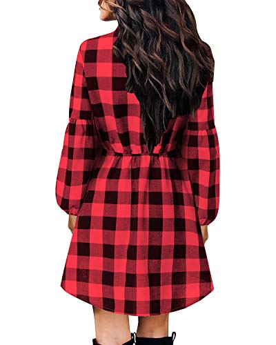 YOINS Vestidos Mujer con Botones Vestido Camiseta A Cuadros Mangas Larga Mini Vestidos Casual Otoño Invierno Moda A-Negro Rojo M