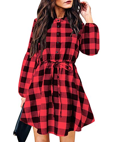 YOINS Vestidos Mujer con Botones Vestido Camiseta A Cuadros Mangas Larga Mini Vestidos Casual Otoño Invierno Moda A-Negro Rojo M