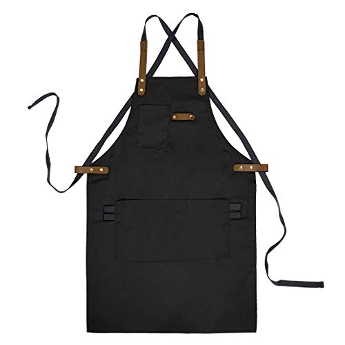 YUENA CARE Ajustable Delantal de Trabajo Mandil de 100% Algodón Unisex con Diseño de Espalda Correas Cruzadas de Moda para Cafetería Tienda de Postres Restaurante Negro 80 x 55cm