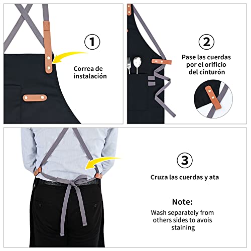 YUENA CARE Ajustable Delantal de Trabajo Mandil de 100% Algodón Unisex con Diseño de Espalda Correas Cruzadas de Moda para Cafetería Tienda de Postres Restaurante Negro 80 x 55cm