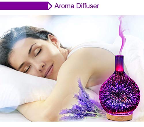 YunNasi Difusores de Aceites Perfumado de Vidrio 3D Humidificadores Niebla Fría Difusor Ultrasónica Aromaterapia Sin Agua Auto Apagado con 7Colores Luz LED para Meditación Yoga SPA Dormir