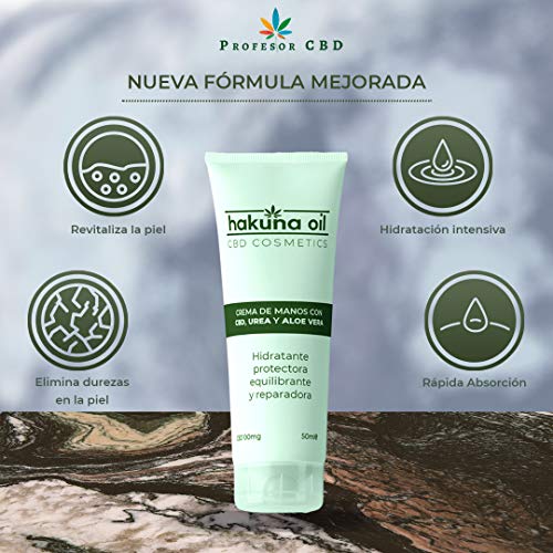 - Hakuna Oil Cosmetics - Crema de manos y pies con aceite de Cáñamo | 100 ml | Crema hidratante con Urea, Aloe Vera y CBD | hidrata, protege y repara la piel | 100% Orgánica, Ecológica BIO.