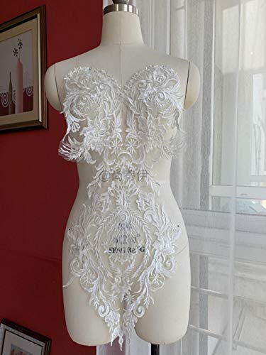 1 unid nuevo bordado de malla lentejuelas transparentes escote vestido de novia de alta definición frente cuerpo superior grandes piezas de flores de encaje DIY, 1 pieza
