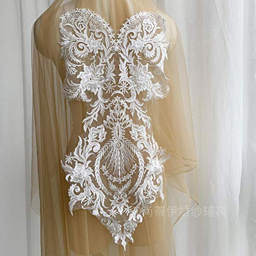 1 unid nuevo bordado de malla lentejuelas transparentes escote vestido de novia de alta definición frente cuerpo superior grandes piezas de flores de encaje DIY, 1 pieza