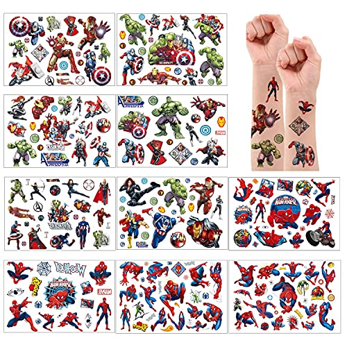 10 hojas Avenger + Spider Man conjunto de tatuajes temporales tatuajes falsos pegatinas impermeables para bolsas de regalo regalos de cumpleaños para niños niñas niños