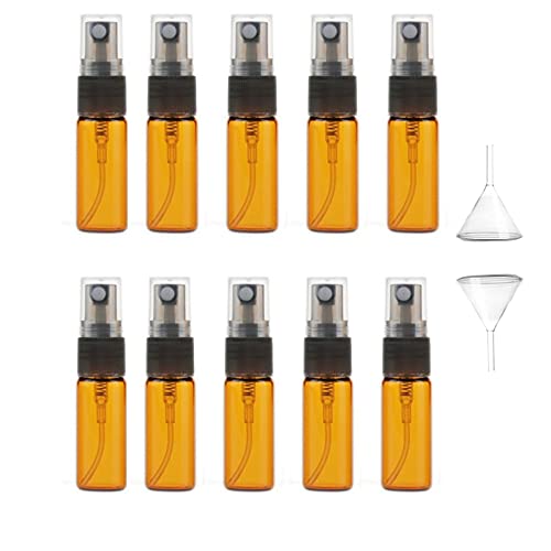10 piezas ámbar 5 ml 1 / 6oz atomizador vial botella de vidrio spray perfume recargable botella de muestra de niebla fina vacía con embudo de 2 piezas para fiesta de viaje