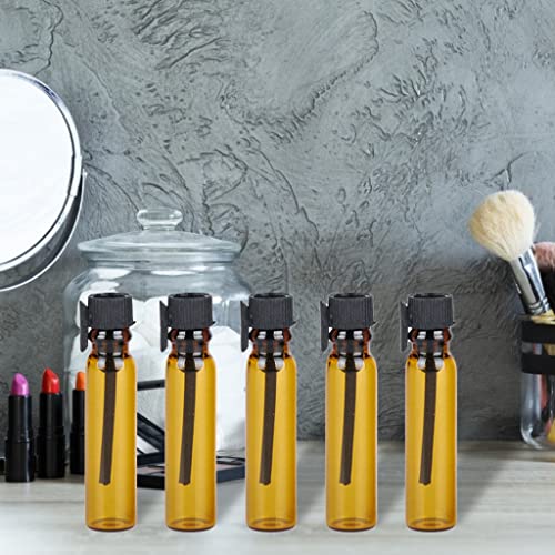 10 unidades de 1 ml portátiles rellenables mini botellas de perfume de cristal marrón con tapa negra, tubo de muestra, recipiente de aceite esencial, botella con cuentagotas de cristal