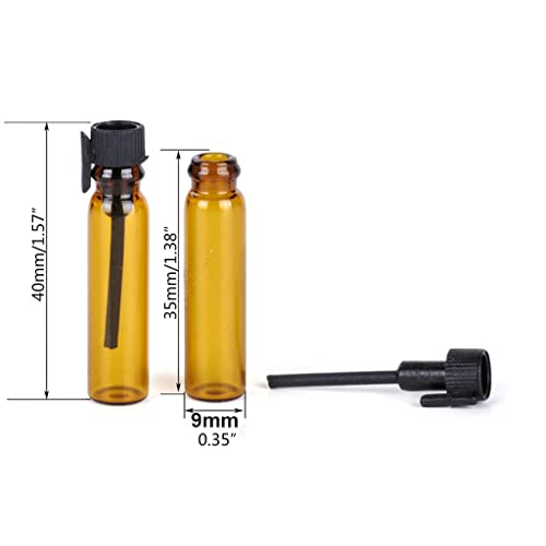 10 unidades de 1 ml portátiles rellenables mini botellas de perfume de cristal marrón con tapa negra, tubo de muestra, recipiente de aceite esencial, botella con cuentagotas de cristal
