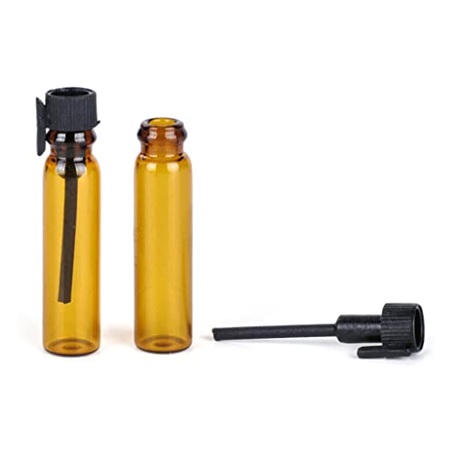 10 unidades de 1 ml portátiles rellenables mini botellas de perfume de cristal marrón con tapa negra, tubo de muestra, recipiente de aceite esencial, botella con cuentagotas de cristal