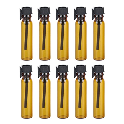 10 unidades de 1 ml portátiles rellenables mini botellas de perfume de cristal marrón con tapa negra, tubo de muestra, recipiente de aceite esencial, botella con cuentagotas de cristal