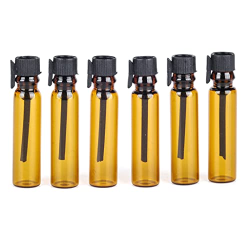 10 unidades de 1 ml portátiles rellenables mini botellas de perfume de cristal marrón con tapa negra, tubo de muestra, recipiente de aceite esencial, botella con cuentagotas de cristal