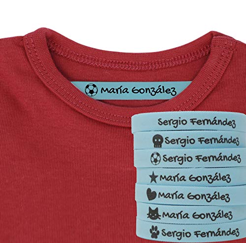 100 Etiquetas Personalizadas con Nombre e Icono para marcar la ropa. Etiquetas de tela Azul termoadhesiva para planchar en camisetas, pantalones, abrigos y todo tipo de prendas de niños.