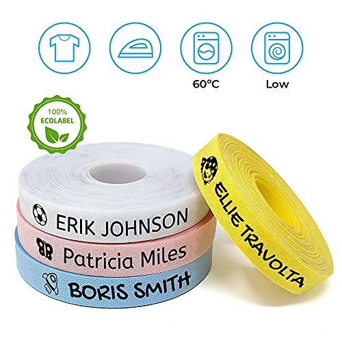 100 Etiquetas Personalizadas con Nombre e Icono para marcar la ropa. Etiquetas de tela Azul termoadhesiva para planchar en camisetas, pantalones, abrigos y todo tipo de prendas de niños.