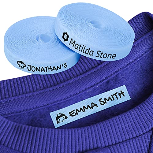 100 Etiquetas Personalizadas con Nombre e Icono para marcar la ropa. Etiquetas de tela Azul termoadhesiva para planchar en camisetas, pantalones, abrigos y todo tipo de prendas de niños.