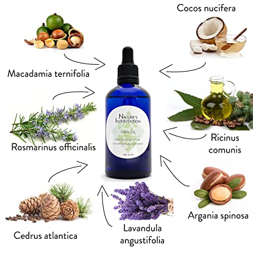 100% Natural ACEITE CRECIMIENTO DEL CABELLO - RICINO, ARGÁN, MACADAMIA, COCO + ROMERO, LAVANDA & CEDRO - 100 ml de NATURE'S INTERVENTION Promueve el Crecimiento del Cabello. Hidrata, Nutre, Protege.