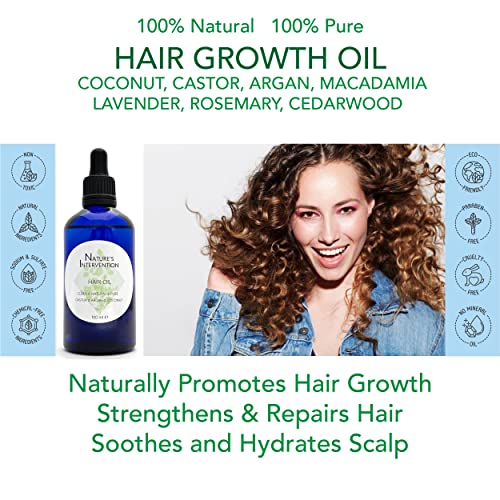 100% Natural ACEITE CRECIMIENTO DEL CABELLO - RICINO, ARGÁN, MACADAMIA, COCO + ROMERO, LAVANDA & CEDRO - 100 ml de NATURE'S INTERVENTION Promueve el Crecimiento del Cabello. Hidrata, Nutre, Protege.