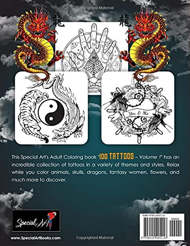 100 Tattoos Coloring Book for Adults: World's Most Beautiful Selection of Tattoo Modern Designs for Stress Relieving and Relaxation | Wonderful ... and much more (Vol.1) (Tattoo Coloring Books)
