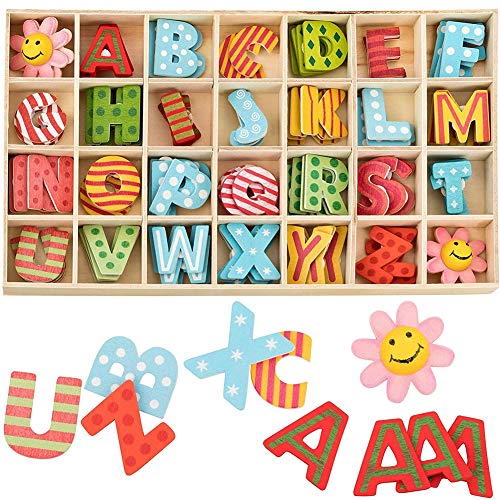 108 pcs Juego de Letras de Flores de Madera de Madera Letras Mixta de Madera A-Z Letras Educativos Tempranos Juegos con Bandeja de Almacenamiento vistoso para DIY Niños Juguetes Craft