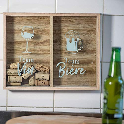 10ViN 39-1K-016 - Marco coleccionador con tapón de addicto, cerveza y vino, color beige y blanco y transparente, madera y cristal, 24,5 x 5 x 30,5 cm