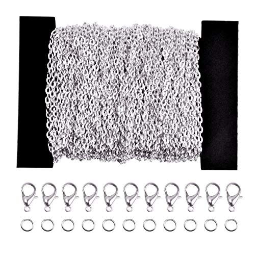 12 Metro Collares de Cadena, Cadena Acero Inoxidable Mujer, Cadenas de Eslabones Metálicos con 30 Cierres de Langosta+100 Anillos de Salto, Collares de Enlace para Pulsera (Blanco Plateado)