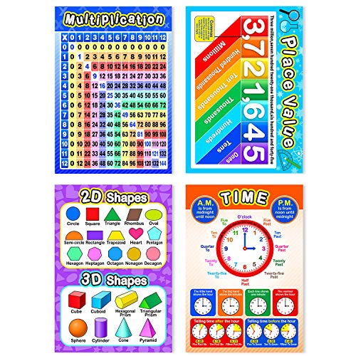 12 Piezas Póster Educativo de Matemáticas para Niños con 80 Puntos de Pegamentos para Enseñanza Primaria y Secundaria de Multiplicación División Suma Resta Fracciones Decimales, 16 x 11 Pulgadas
