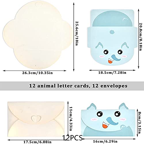 12 Piezas Tarjetas Cumpleaños Niños, Tarjetas Felicitación Animales, Tarjetas Invitación de Dibujos, con Pegatinas, Diseño Animales en Caricatura para Postales, Invitaciones, Regalos para Niños