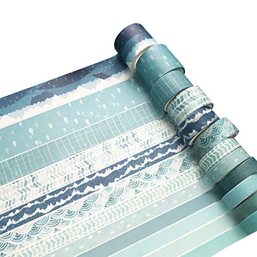 12 Rollos Juego de Cinta Washi, Múltiples Cinta Adhesiva Decorativa Washi de Patrones para álbumes de Recortes, Diarios, Decoración de Bricolaje y Envoltura de Regalos (Azul)