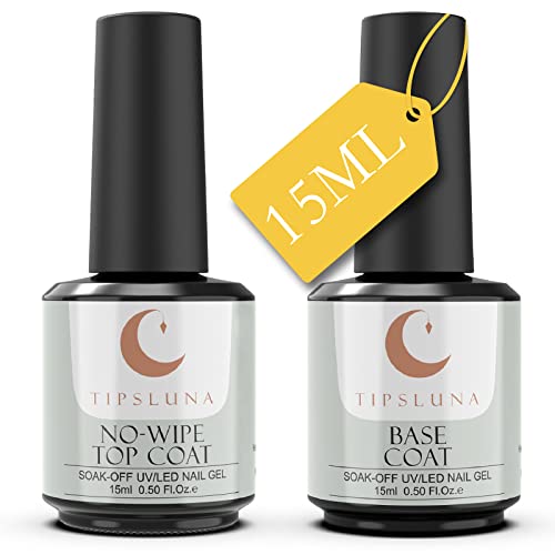 15 ML Base y No Wipe Top Coat Semipermanente, TipsLuna Top Coat Brillante y Base Coat, Esmaltes Semipermanentes de Uñas en Gel UV LED, Pintauñas Semipermanentes Soak off
