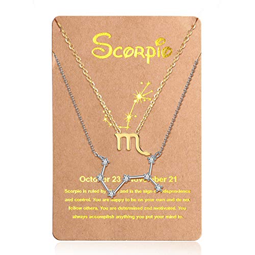 2 Collares de 12 Constelaciones Collar con Colgante de Zodiaco Constelación de Oro, Cadena de Señal de Horóscopo Astrológico de Plata con Tarjeta de Constelación para Mujer (Escorpión)