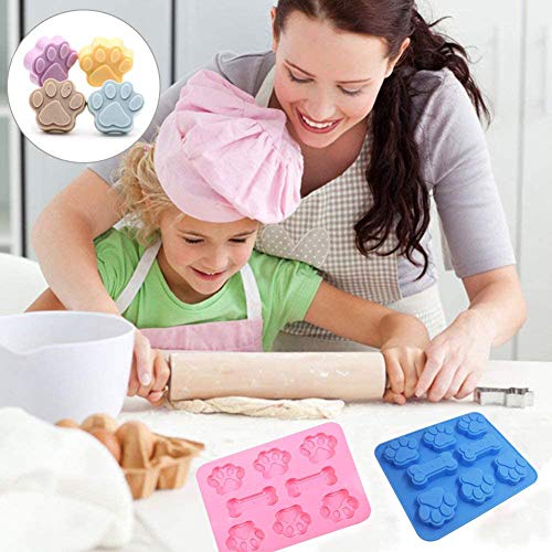 2 moldes de silicona con diseño de huellas de cachorro y hueso de perro, con 2 goteros líquidos transparentes graduados, 8 cavidades, bandejas de hielo reutilizables para hornear galletas y dulces