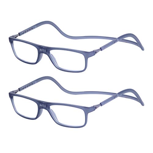 2-Pack Gafas de Lectura Magnéticas Plegables para Hombre y Mujer +2.5 (60-64 años) Presbicia Vista Montura Regulable Colgar del Cuello y Cierre con Imán, Transparente Gris