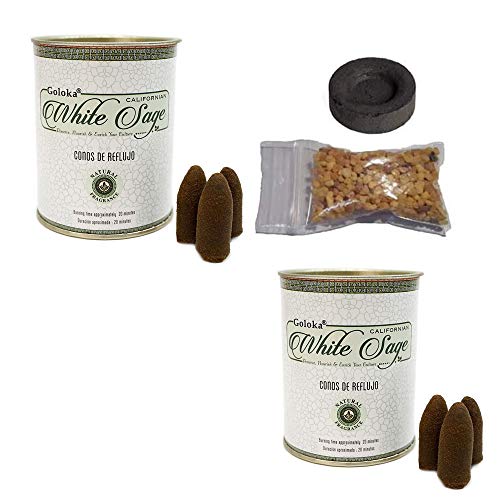 2 Paquetes DE Incienso EN Cono GOLOKA, Conos DE REFLUJO White Sage, Sabio Blanco + Bolsa DE Incienso EN Grano DORAZEN + Pastilla DE CARBÓN