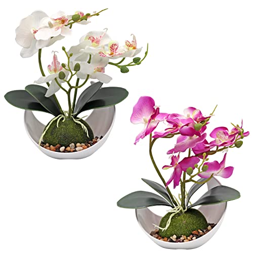 2 unidades de orquídeas artificiales, bonsáis, bonsái, orquídeas artificiales con maceta, para decoración de boda, decoración de mesa, decoración del hogar (morado + blanco)