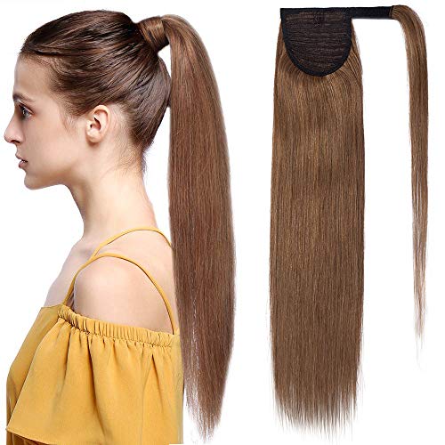 20"(50cm) Coleta Postiza Pelo Natural Humano 100% Remy Extensiones de Cabello Natural Clip Coletero Coletas Postizas Naturales Postizos Ponytail Extension (95g,#6 Castaño Dorado)