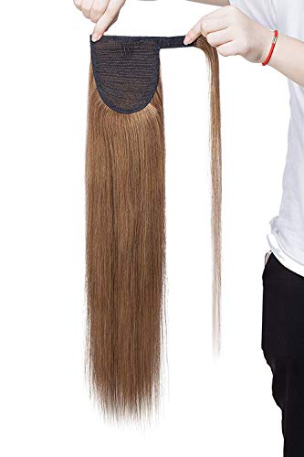 20"(50cm) Coleta Postiza Pelo Natural Humano 100% Remy Extensiones de Cabello Natural Clip Coletero Coletas Postizas Naturales Postizos Ponytail Extension (95g,#6 Castaño Dorado)