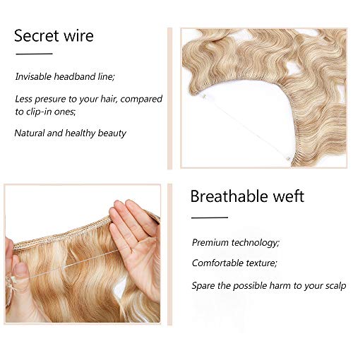 20"(50cm) SEGO Extensiones Rizadas de Pelo Natural con Hilo Invisible sin Clip [#18/613 Rubio Ceniza/Blanqueador Rubio] Cabello Humano 100% Remy Ajustable (70g)