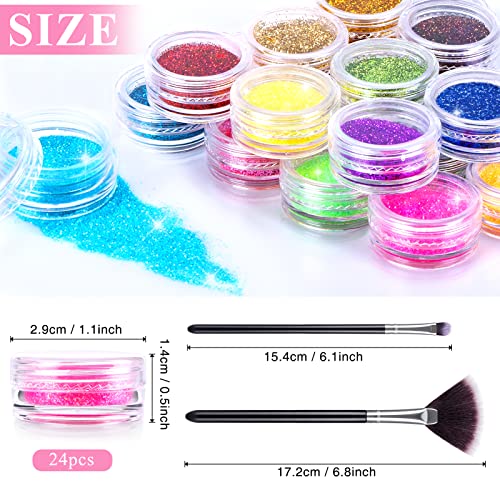 24 Colores Purpurinas Polvo, Glitter Acrilico Fino Brillantes de Uñas con Cepillo de Uñas para Cara Nail Art Cabello Cuerpo Decoraciones para Brillo Uñas