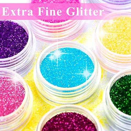 24 Colores Purpurinas Polvo, Glitter Acrilico Fino Brillantes de Uñas con Cepillo de Uñas para Cara Nail Art Cabello Cuerpo Decoraciones para Brillo Uñas