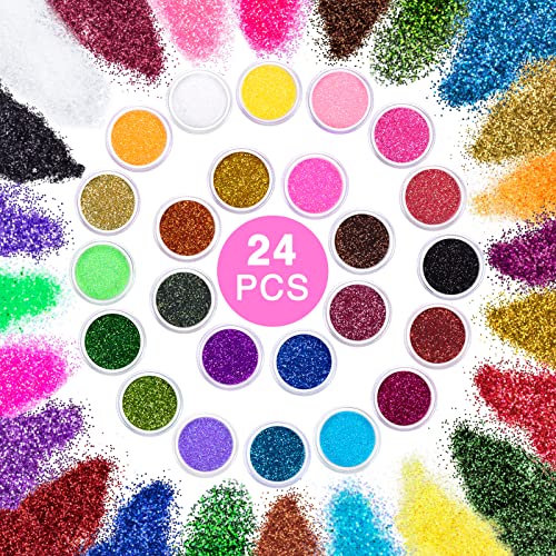 24 Colores Purpurinas Polvo, Glitter Acrilico Fino Brillantes de Uñas con Cepillo de Uñas para Cara Nail Art Cabello Cuerpo Decoraciones para Brillo Uñas