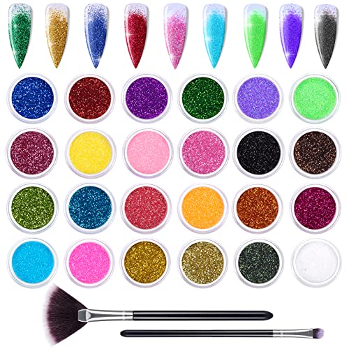 24 Colores Purpurinas Polvo, Glitter Acrilico Fino Brillantes de Uñas con Cepillo de Uñas para Cara Nail Art Cabello Cuerpo Decoraciones para Brillo Uñas