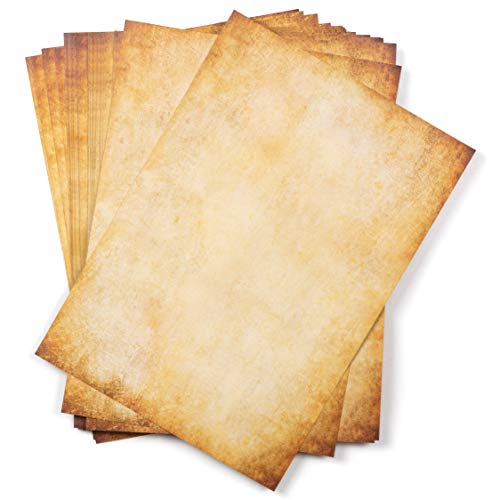 25 hojas DIN A4 Papel vintage pergamino , 110g/m², 210x297 mm, aspecto Antiguo envejecido, Doble cara, para Escribir y imprimir, Manualidades, carta, recortes, scrapbook