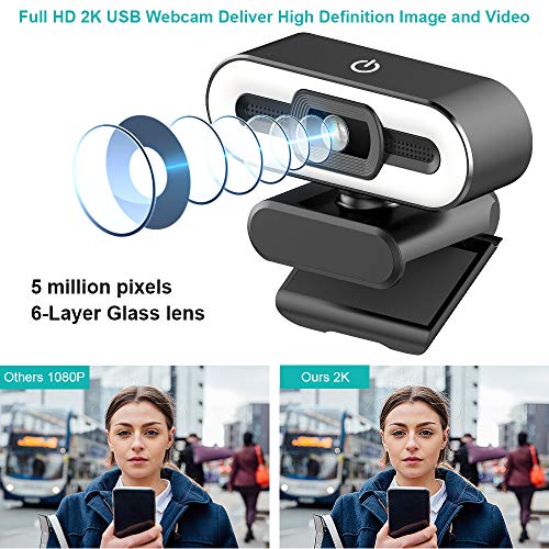 2K HD Webcam con Micrófono y Anillo de Luz, Cámara Web USB Plug and Play, 3 modos Web CAM de transmisión de brillo ajustable para PC / Mac / Laptop, para conferencias,Youtube,videollamadas