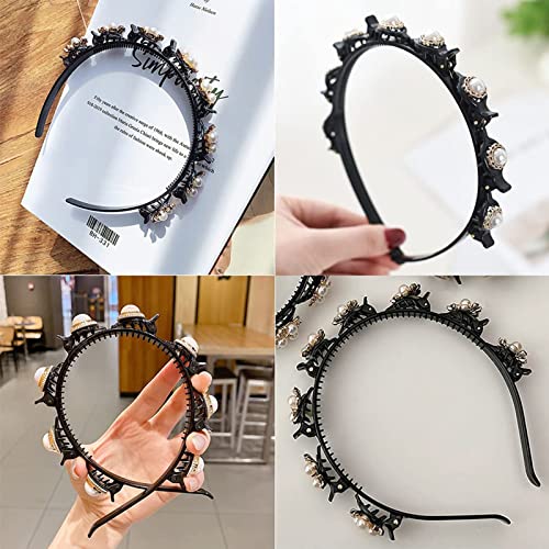 3 Piezas Diademas de Trenza, Diademas de Perlas de Diamantes de Imitación, 4,3 Pulgadas/11cm, Diadema de Trenza de Estilo, con Clips, Flequillo Horquilla, para Mujeres y Niñas