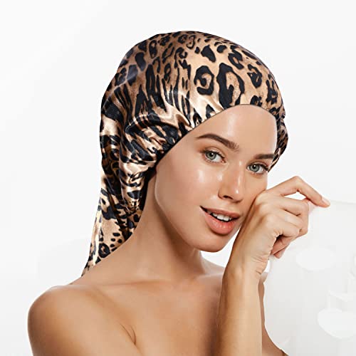3 Piezas Gorros de Dormir de Satén Largo, Gorra Suelta con Banda Elástica Suave para Cabello Largo, Trenzas, Dreadlocks, Cabello Rizado (Patrón de Leopardo de Lazo)